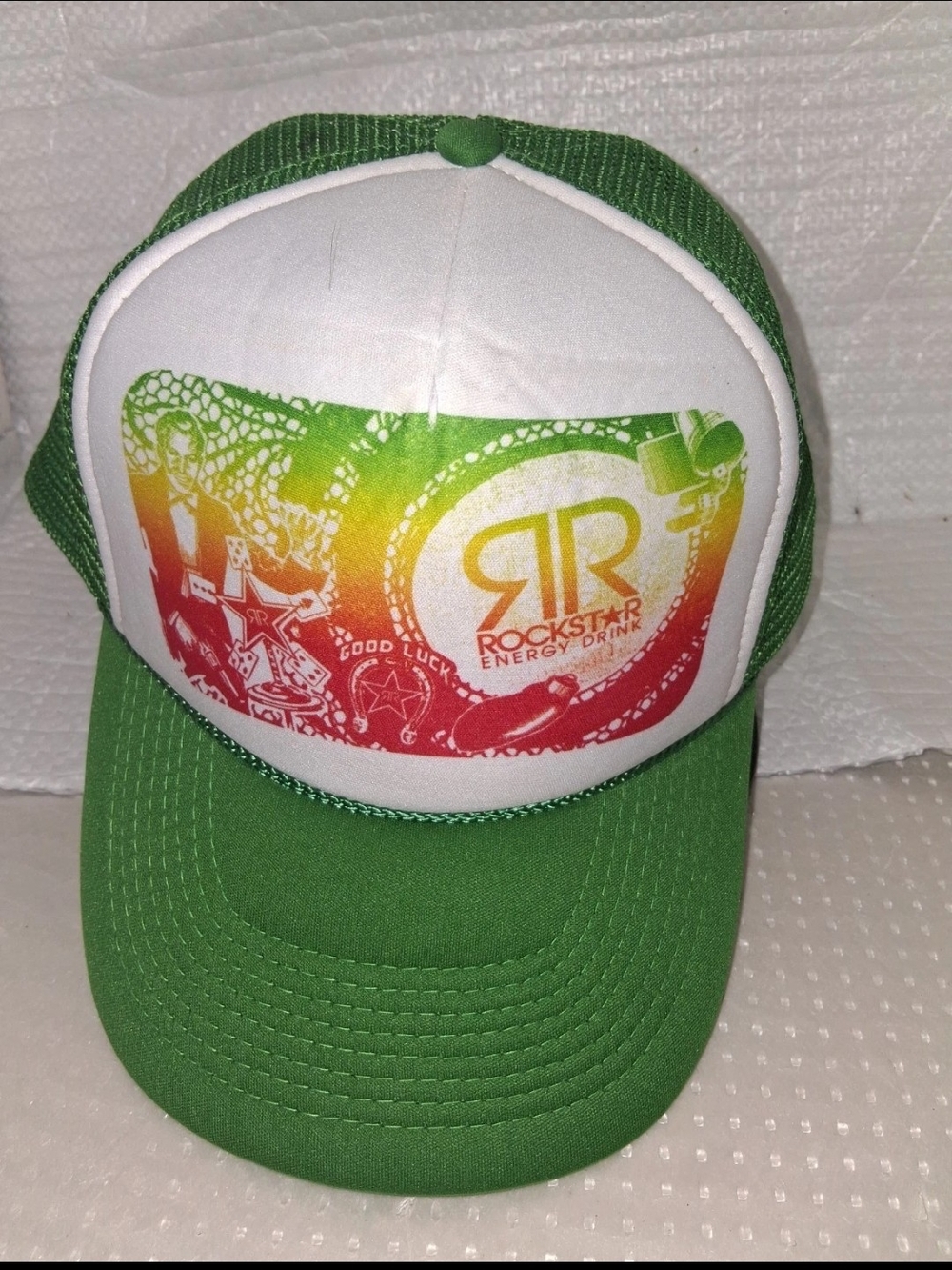 Vtg 2001 Rockstar Energy Drink Good Luck Gambler Trucker Hat Nissun Snapback Gre